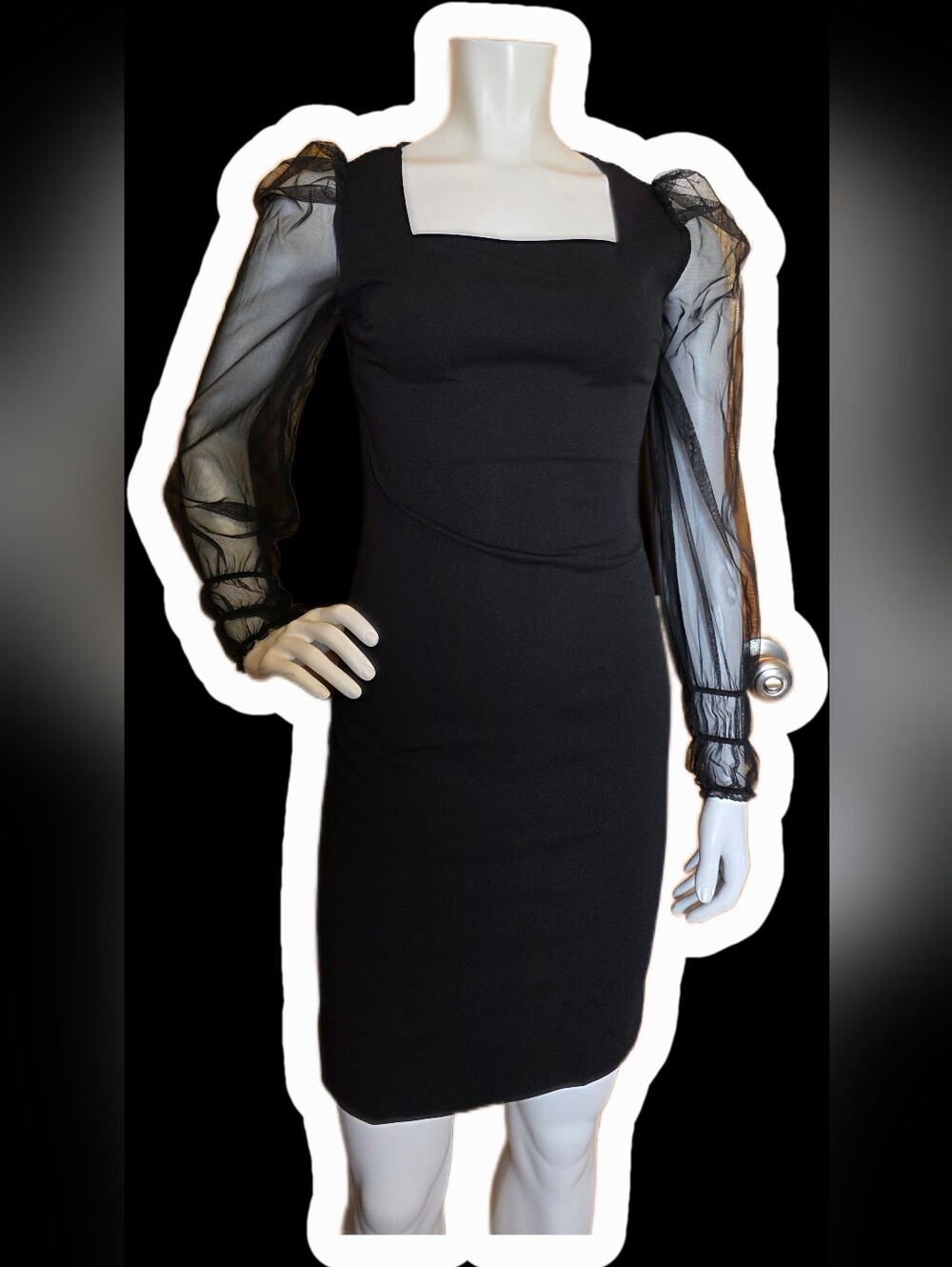 Suzy Shier Black Square-Neck Sheer Puff Sleeve Dress